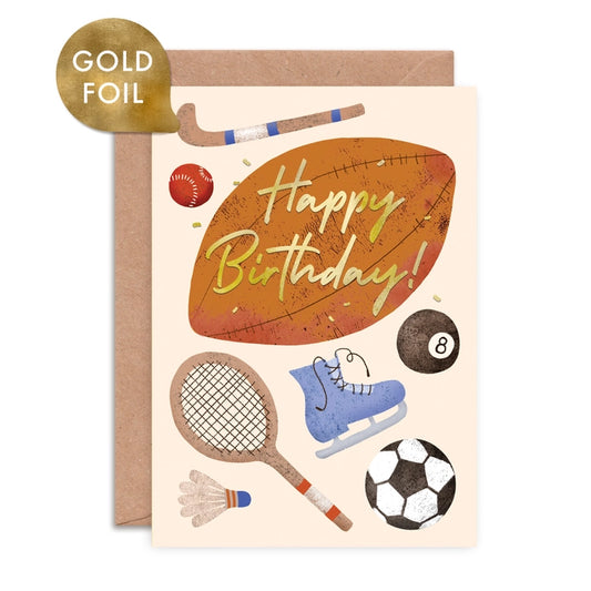 Sports themed birthday greeting card with luxurious gold foiling and a colourful illustration.