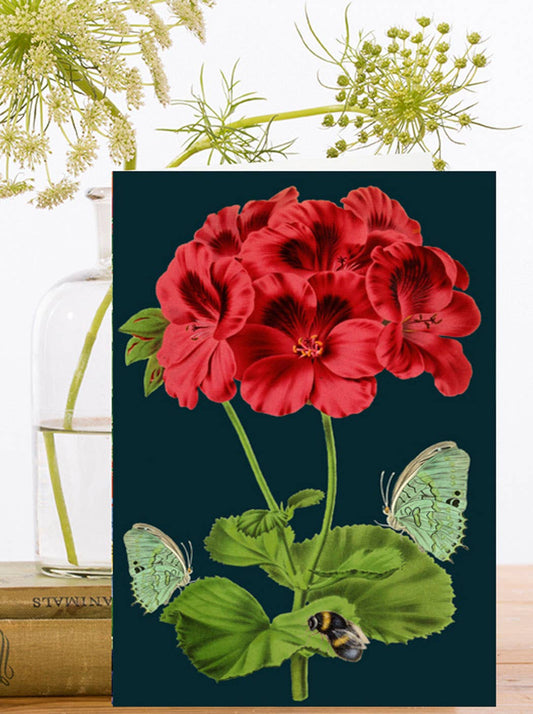 Welcome the night with this enchanting card featuring a bee and a butterfly amidst a garden of midnight red blooms.