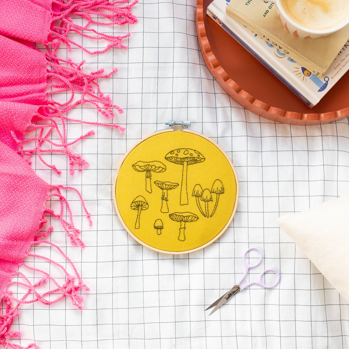 Yellow Fungi Embroidery Hoop Kit Kit by Cotton Clara. Featuring  seven different fungi's in black thread to embroider.