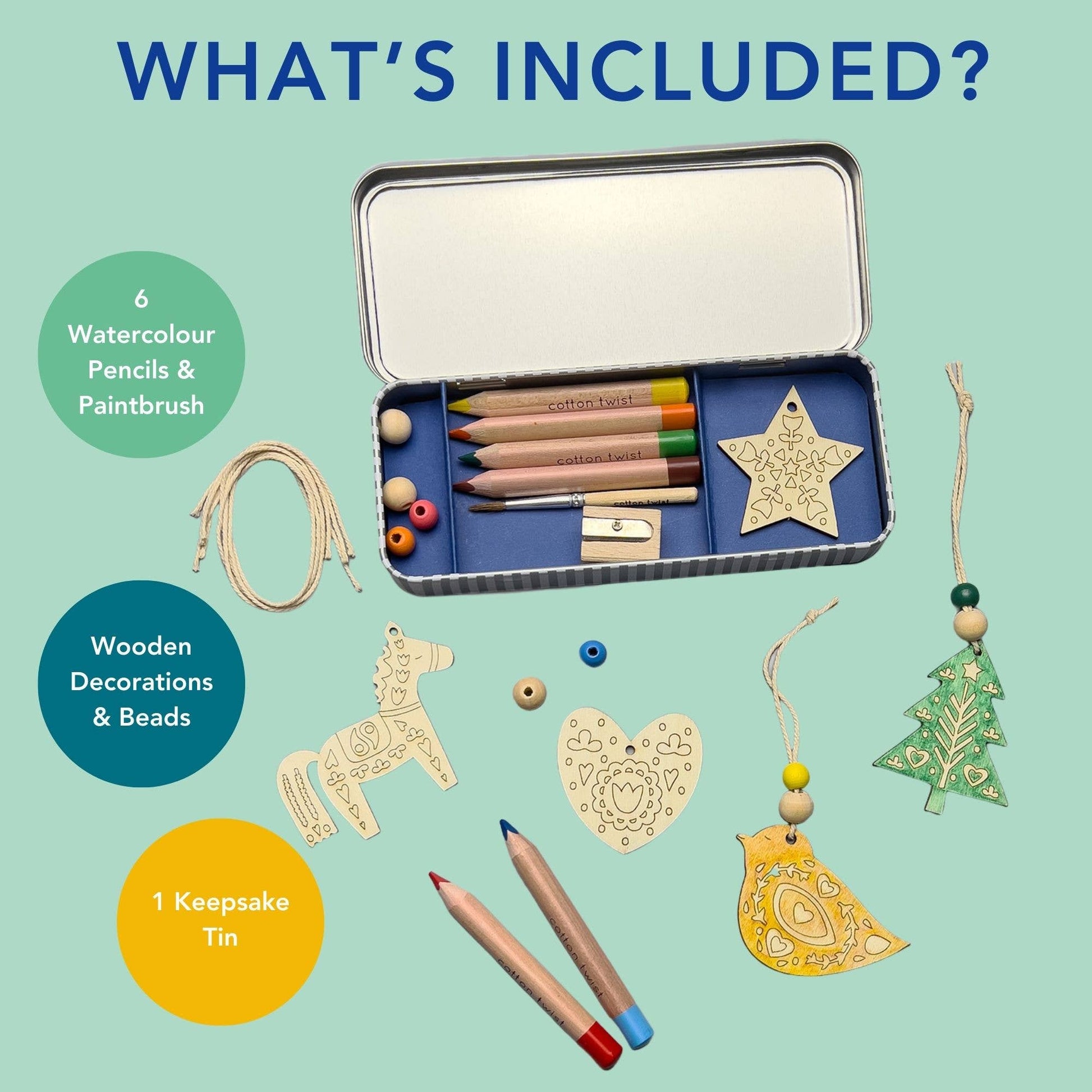 Folk Art Decoration kit. This kit features five wooden decorations to make, perfect for adding a touch of handcrafted beauty to a Christmas tree or any festive display. Along with the wooden decorations, the kit includes a selection of watercolour pencils and wooden beads, allowing for each decoration to be personalised with a touch of folk art charm.