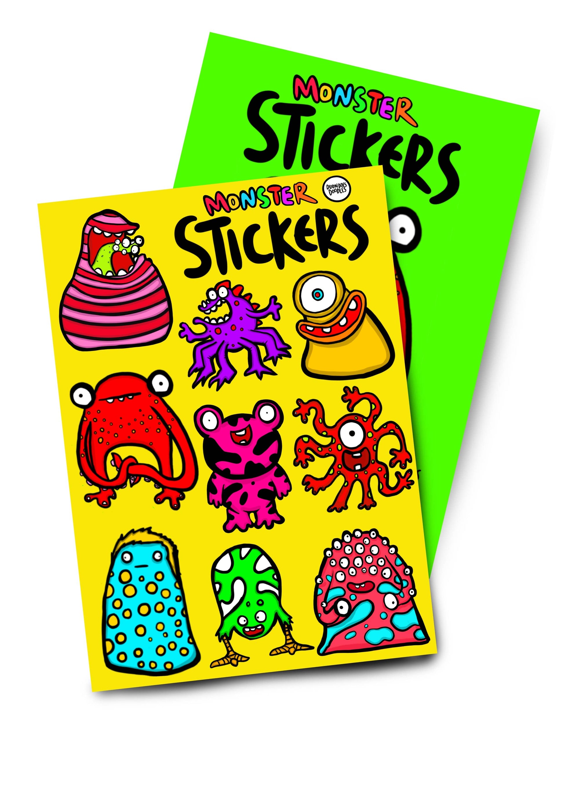 Monster Sticker Sheet! 9 Awesome Monsters in bright colours by Dixon Does Doddles. The Sheet is A5 size ( 148mm x 210mm) The sticker sheet is made from sustainable materials and the compostable film is made from renewable sources. The sticker sheet and a printed backing board are packaged in a biodegradable clear bag.