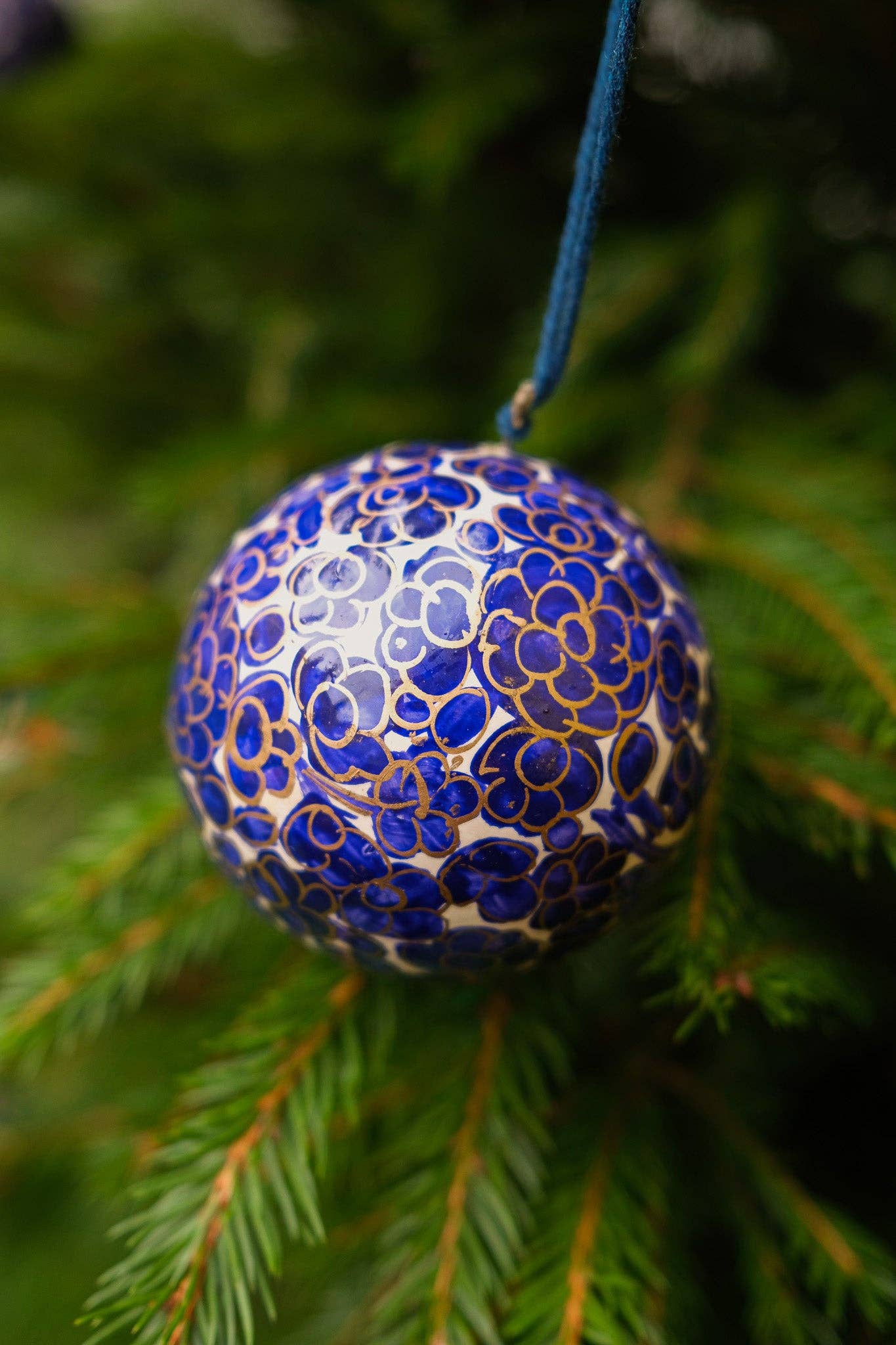 Midnight Blue and Gold Bauble Papier Mache Bauble