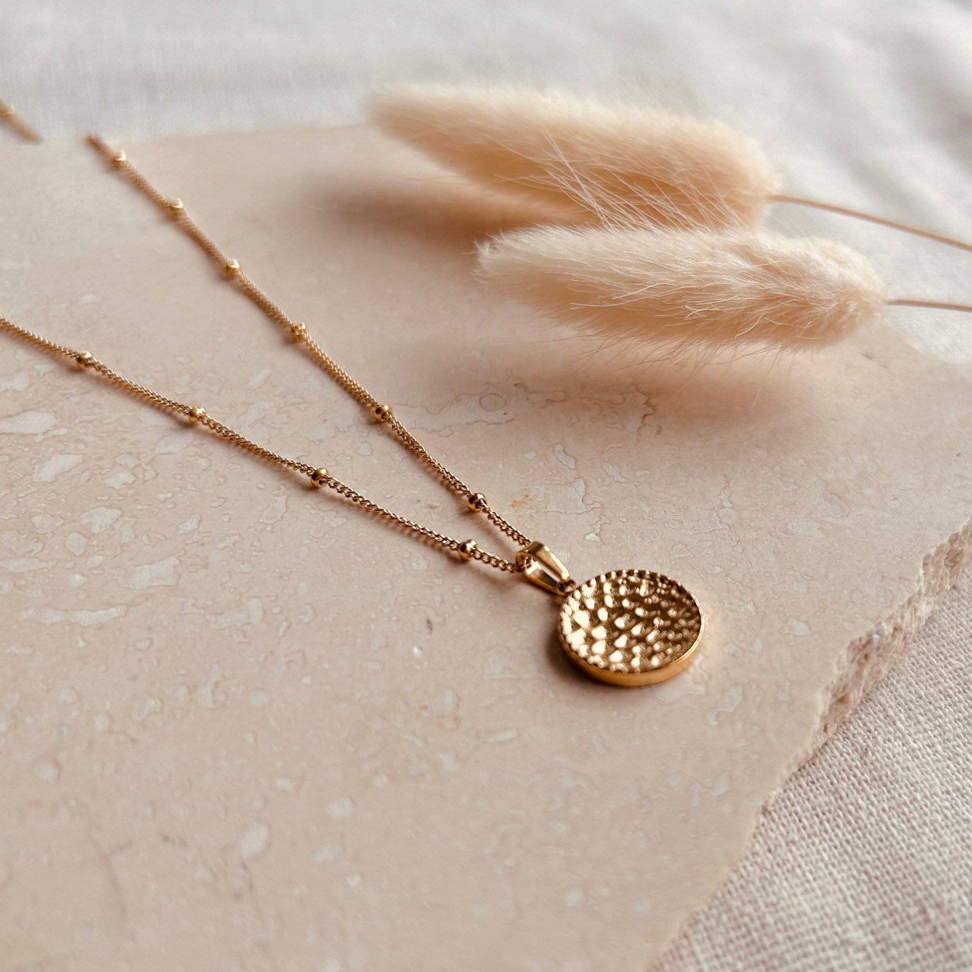 Hammered Coin Necklace. Polished Gold plated finish.