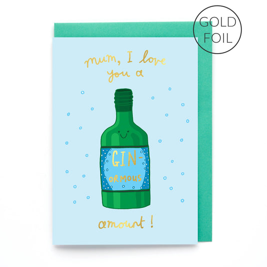 Original, hand drawn design featuring a characterful bottle of gin. Written in a striking, hand lettered font and finished with gold foil, the puntastic message on the front of this unique card reads "Mum I love you a ginormous amount "