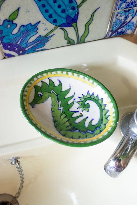 Hand Painted Indian Ceramics - Soap Dish. Green seahorse with a pattern of yellow and green around the seahorse.