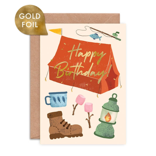 Camping themed birthday greeting card with luxurious gold foiling and a colourful illustration.