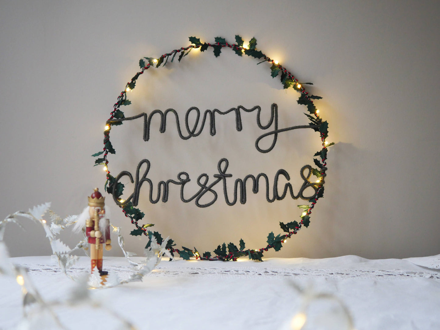 Merry Christmas Holly Fairy Light Wreath