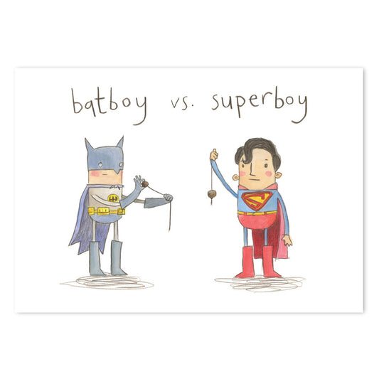 Illustrated Batboy vs Superboy Birthday Card. Featuring a conker contest between a young Batman versus a young Superman.

Greetings card blank inside, card made from FSC certified paper from responsibly managed forests, 350gsm.&nbsp;

Envelope made from 100% recycled paper. - Greetings card size 110mm x 154mm&nbsp;

Supplied in a biodegradable cello bag as standard. Made in the UK