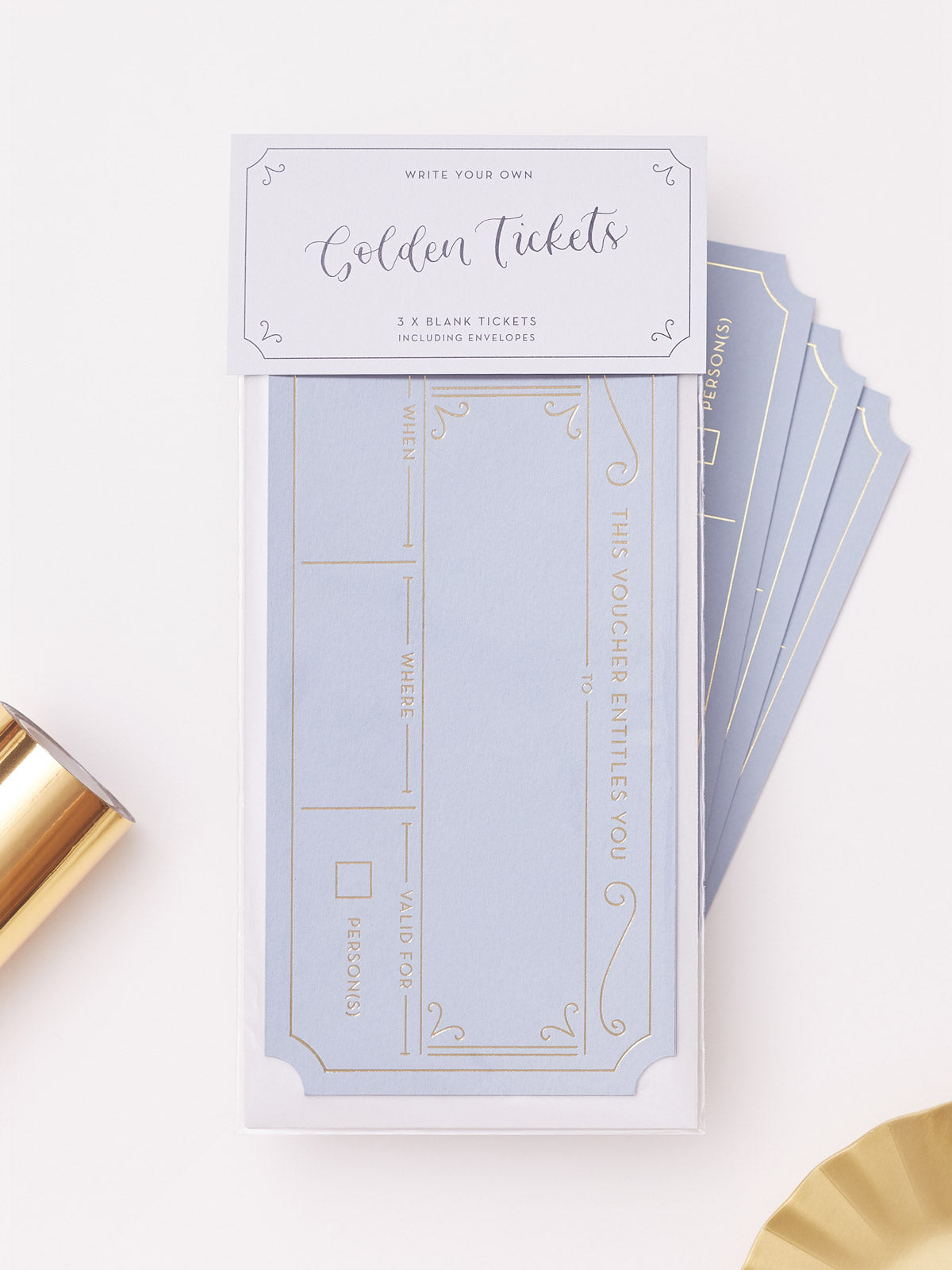 Chalk Blue gold hot foiled set of three Golden Tickets. personalised with beautiful modern calligraphy to make gifting an experience extra special.

Each voucher is blank and ready for you to personalise. So whether you're surprising your loved ones with a spa day, afternoon tea, concert of holiday, you can create the perfect reveal with a beautiful keepsake.