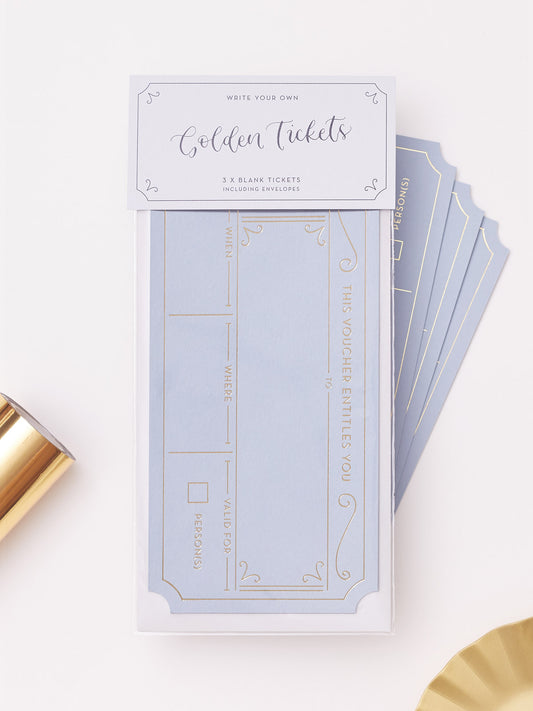 Chalk Blue gold hot foiled set of three Golden Tickets. personalised with beautiful modern calligraphy to make gifting an experience extra special.

Each voucher is blank and ready for you to personalise. So whether you're surprising your loved ones with a spa day, afternoon tea, concert of holiday, you can create the perfect reveal with a beautiful keepsake.