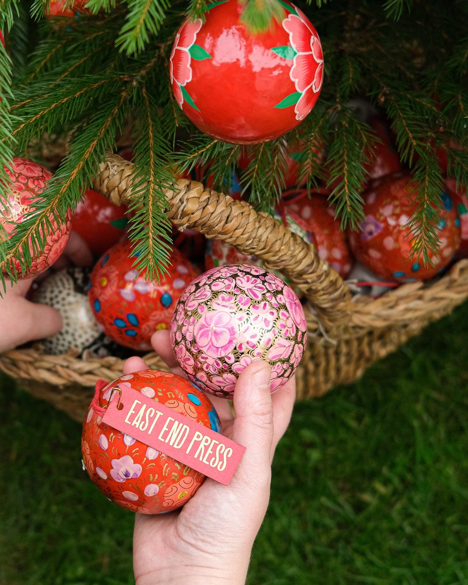 Scarlet Red and Blue Bauble made from papier Mache.