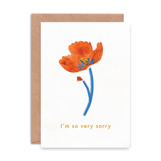 'I'm So Very Sorry' sympathy card with a simple and colourful illustration of a single red poppy.