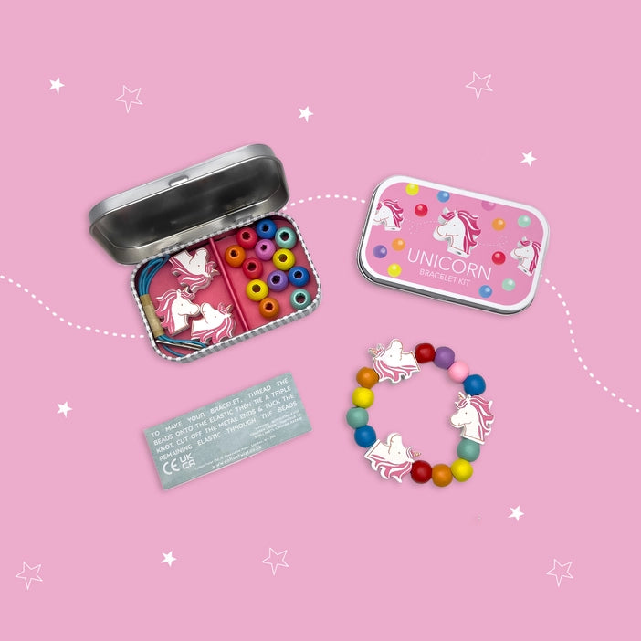 Unicorn Bracelet Craft It. A beautiful gift tin containing elastic and beads to create a unicorn bracelet. The elastic comes with metal ends to aid the beading process for young children. The tin can be used to store the bracelet, or a special trinket.