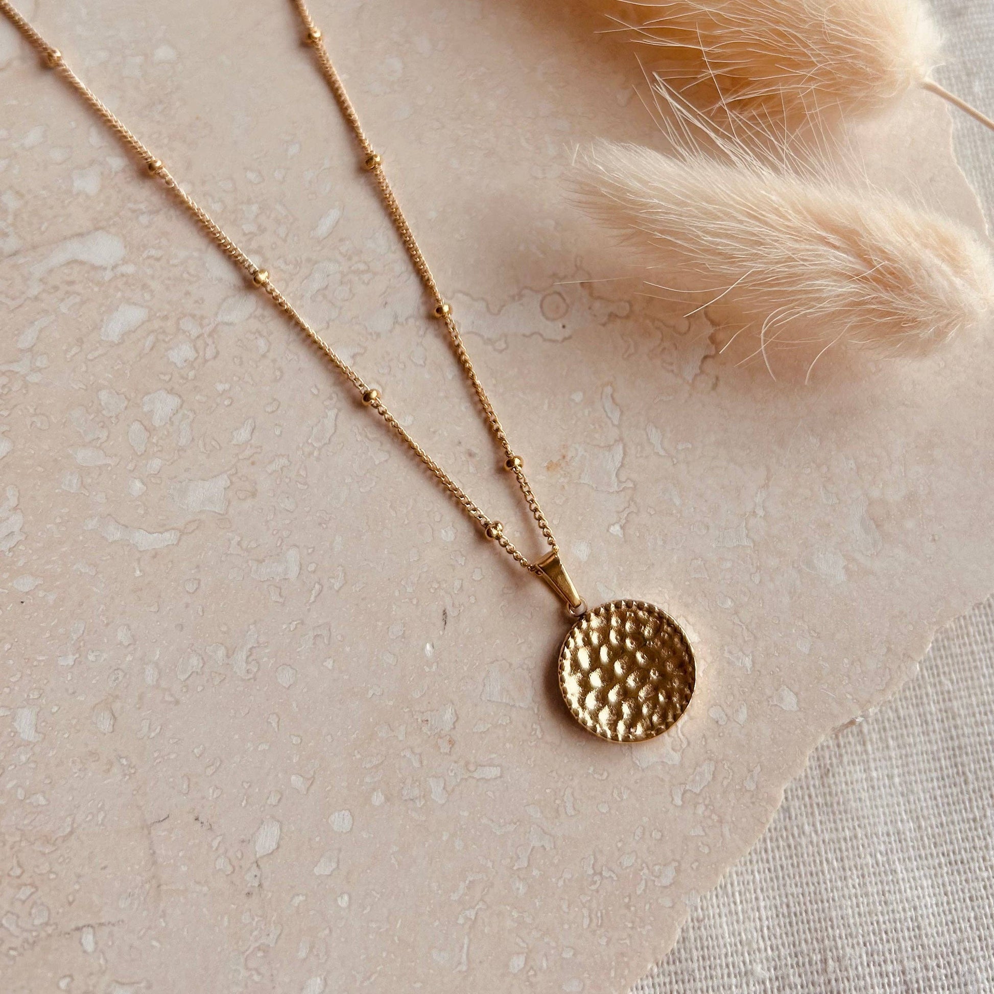 Hammered Coin Necklace. Polished Gold plated finish.