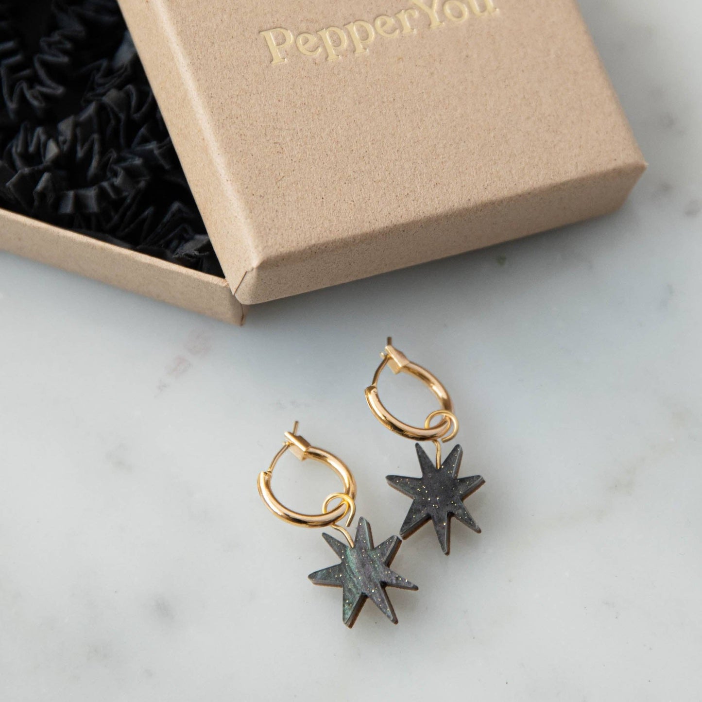 Hand Drawn Star Hoops in Smoke Black Sparkle