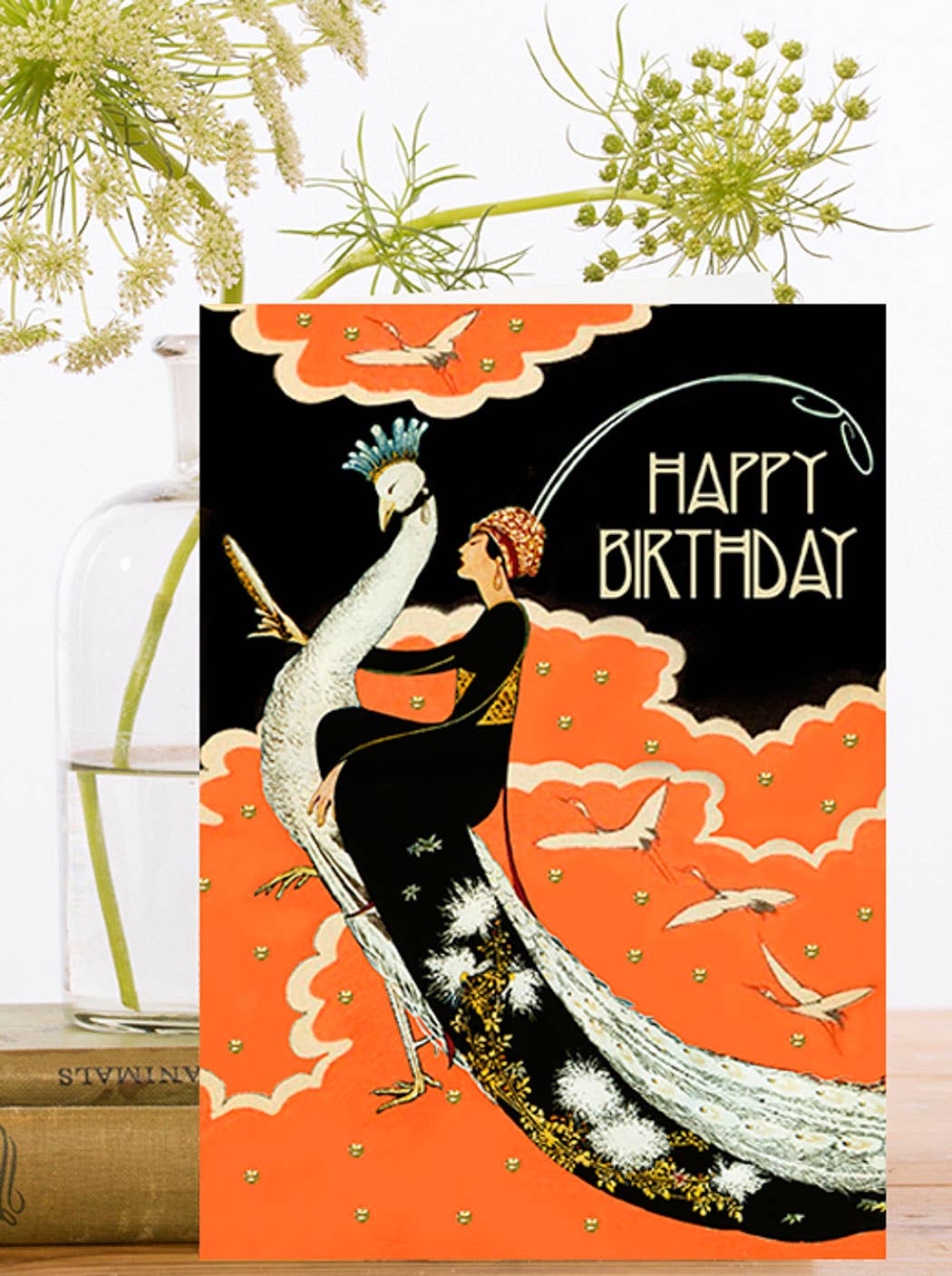 Step into a whimsical world with this charming card featuring a graceful lady riding a bird and admiring their reflection in the mirror. Perfect for sending to your classiest companions.