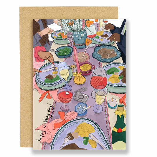 A beautiful illustarted wedding day card showing the fun, food, drink and happiness that happens at a wedding! With the words Happy Wedding day!