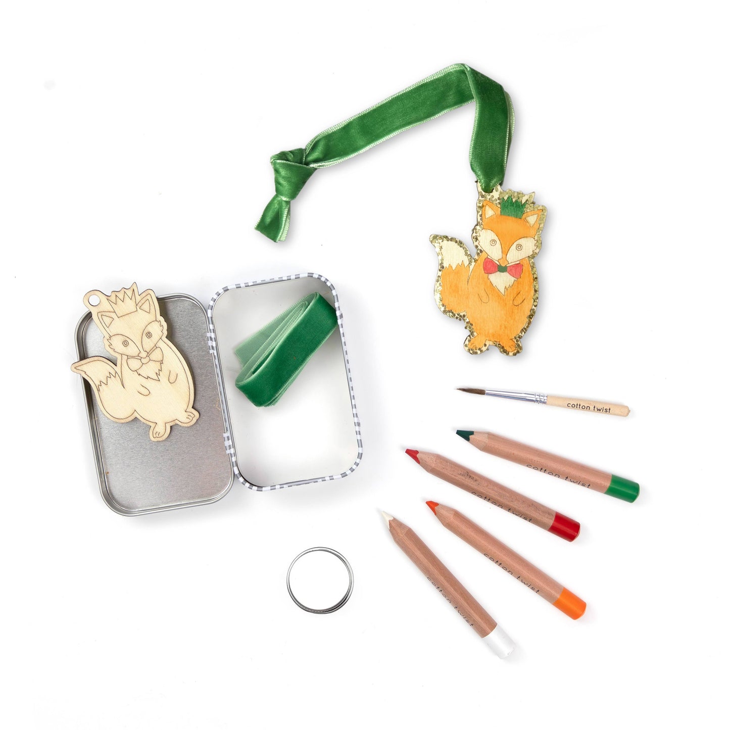 Make Your Own Christmas Fox Decoration. Children will love creating their own wooden Christmas fox decoration, using the watercolour pencils and mini paintbrush to decorate the chosen design. Use the eco glitter glue for extra sparkle and then add the velvet ribbon before hanging in place.