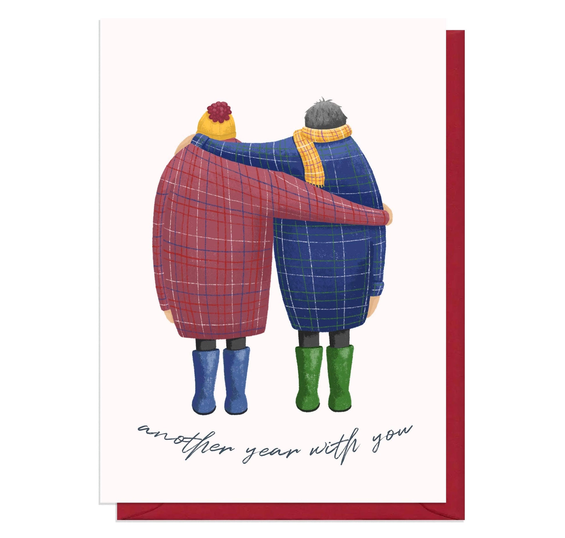 Celebrate a special anniversary with this Tartan Coats Anniversary Card. Make your anniversary even more meaningful with this one-of-a-kind card. This card comes with a lilac envelope and is not wrapped in cellophane packaging to reduce our plastic packaging. The card reads another year with you and shows the back of a couple with arms around each other in wellies, tartan coats one in a yellow woolly hat with a red pom  and one in yellow scarf.
This card has been designed by Neon Magpie and made in the UK. 