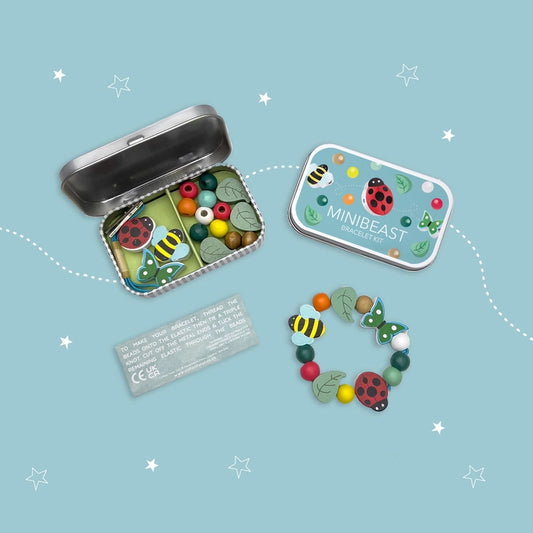 A gift tin containing elastic and beads to create this minibeast bracelet. The elastic comes with hard ends to aid the beading process for young children. Then, patience and precision are all that's required to assemble this piece. The tin can be used to store the bracelet, or a special trinket