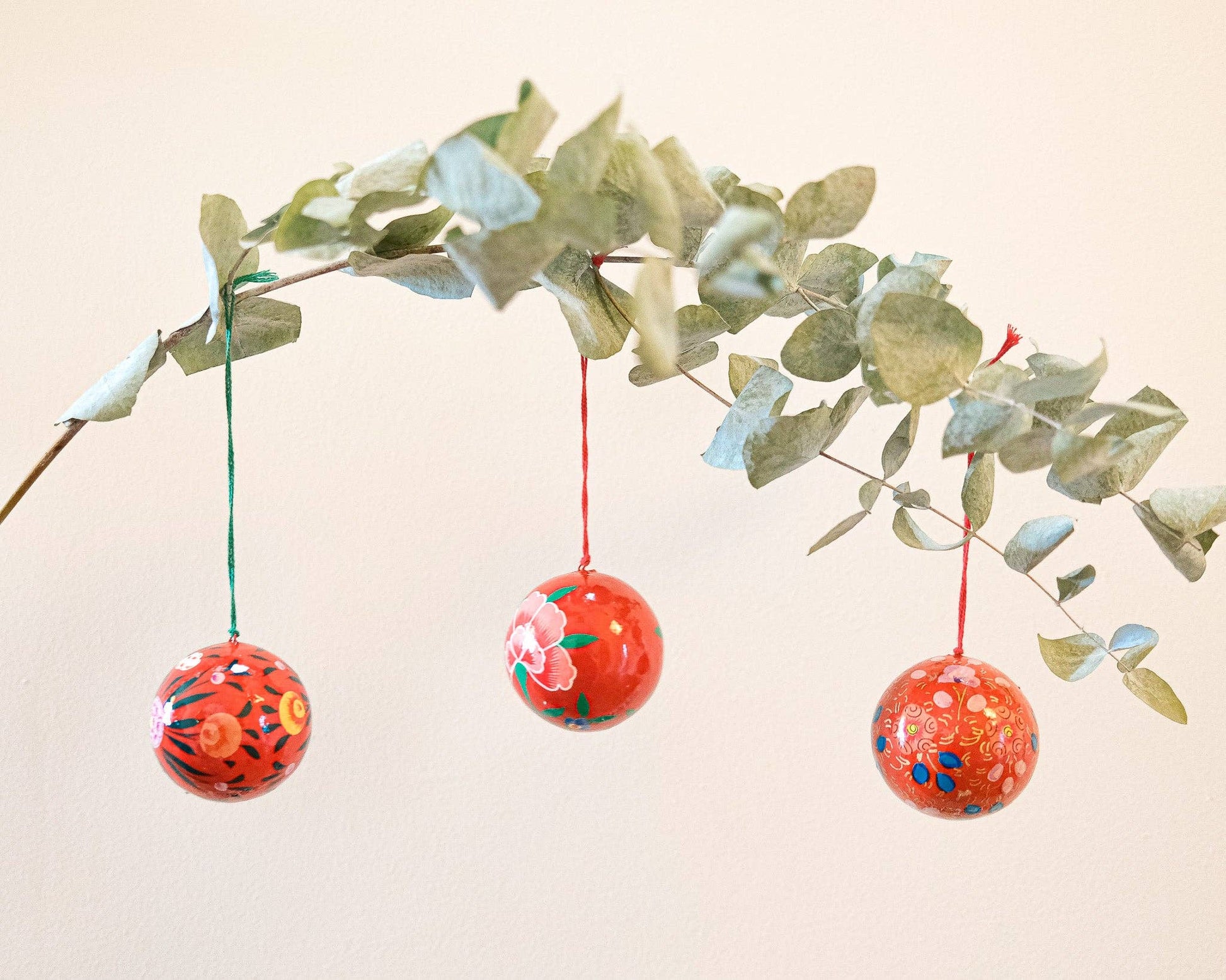 Scarlet Red and Blue Bauble made from papier Mache.