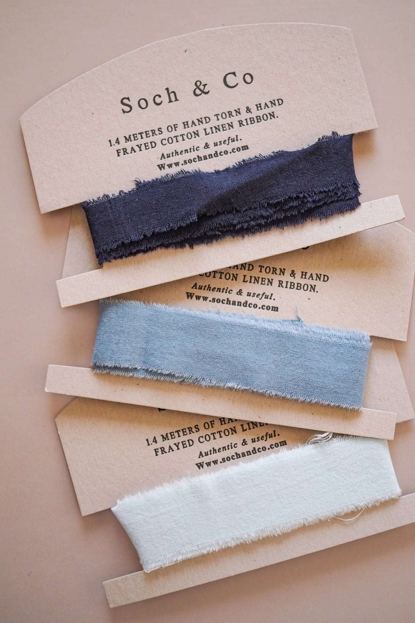 1.4 meters of our hand frayed linen ribbon. Supplied on die cut luxury letter press backing cards.

Available in a selection of colours for luxury gifting.