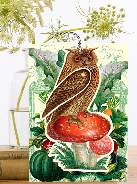 This brown owl, perched on a toadstool amidst an autumnal display of gourds and plants. A great choice for a nature-loving pal, and versatile too - they can use it as a decoration or a bookmark with the detachable owl. Vintage inspired card.