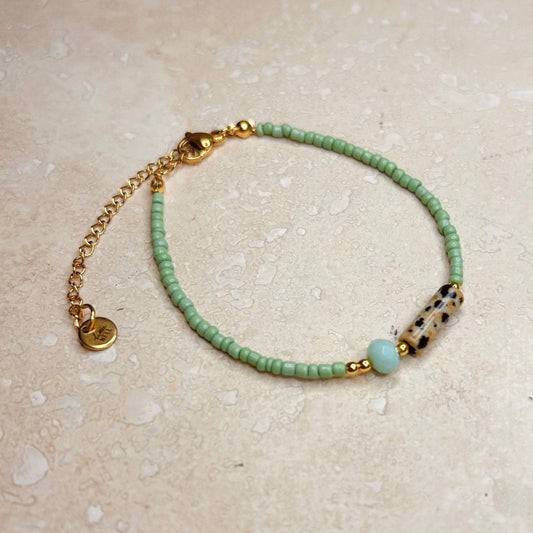 Mint Green Jasper Beaded Bracelet. 18k gold plated.