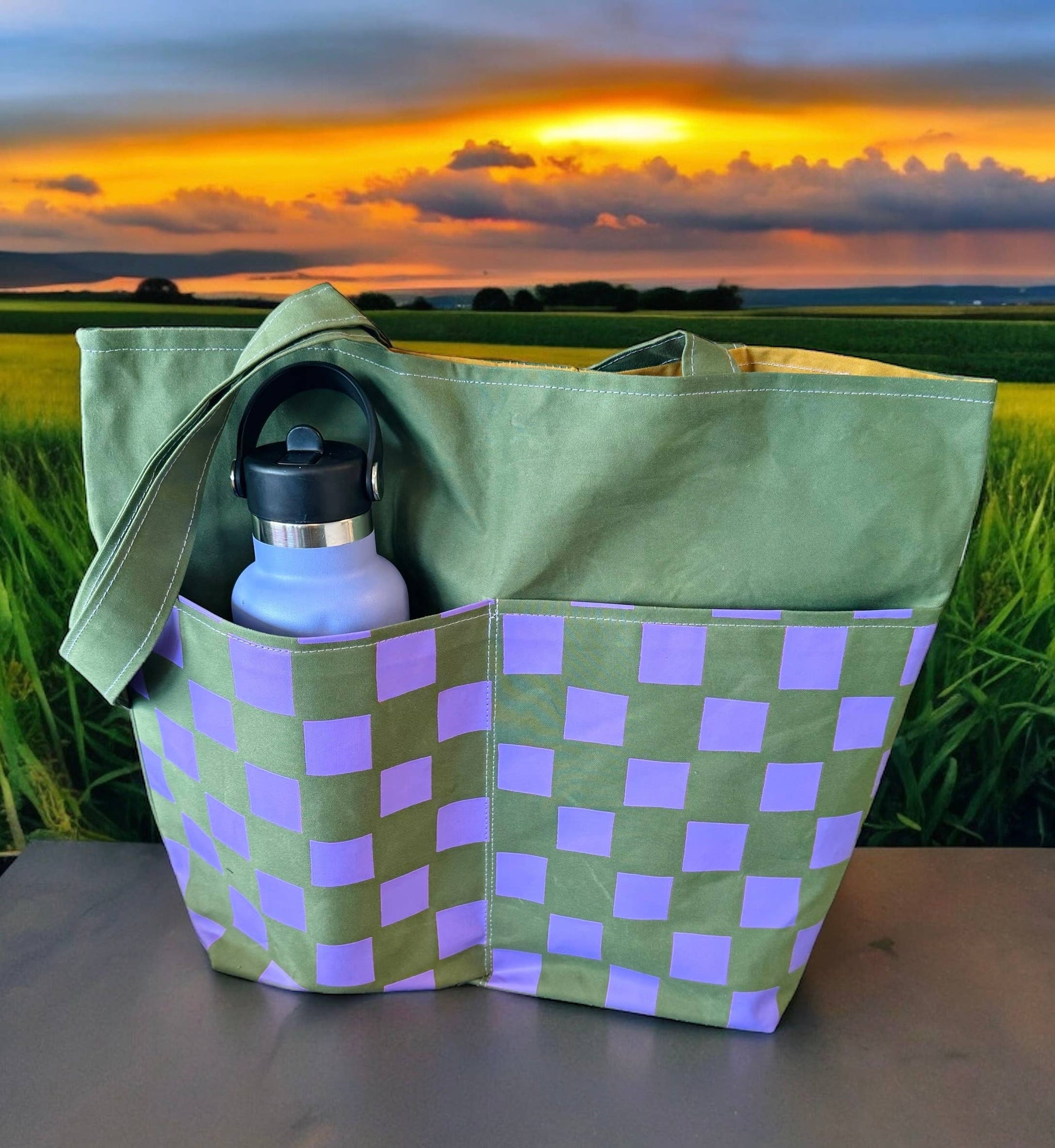 Khaki & Lilac Reversible Tote bag. The outer is khaki &amp; lilac, with a chequered pattern and the reverse is a colour drenched mustard.