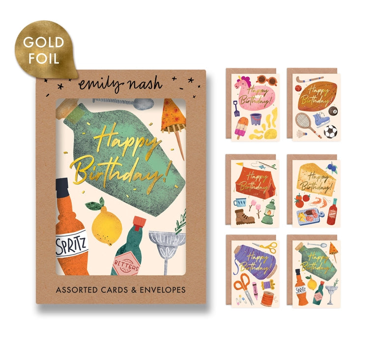 Pack of 6 Illustrated foiled greeting cards by Emily Nash Illustration. - Six hobby themed birthday greeting cards, presented in a high quality branded presentation box.