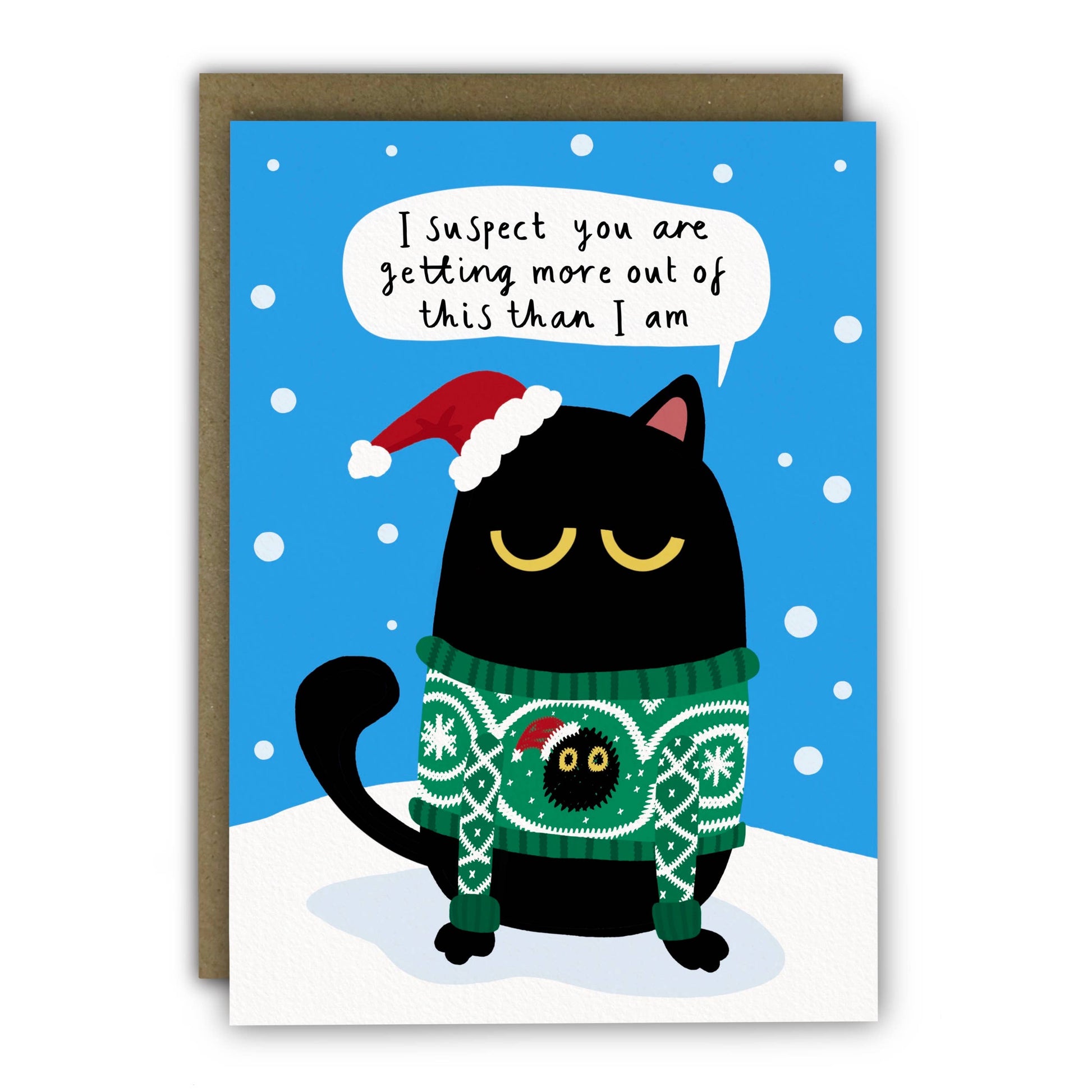 Funny Christmas Card - Sarcastic Cat Christmas Jumper, designed and printed in the UK by Running With Scissors. "I suspect you are getting more out of this than I am!