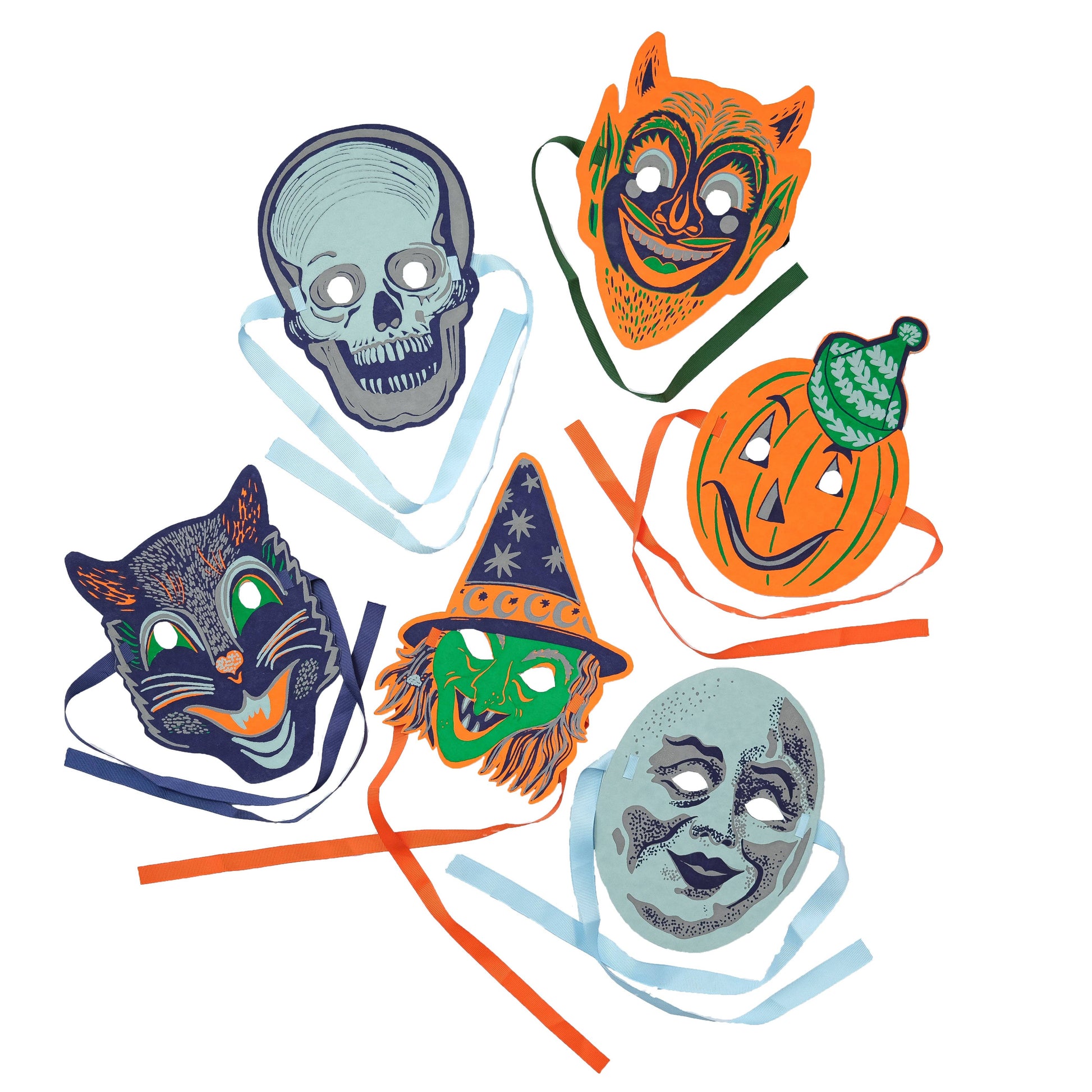 Halloween East End Press Thick Cotton Paper masks. Moon, Witch, Cat, Skeleton, Devil and Pumpkin