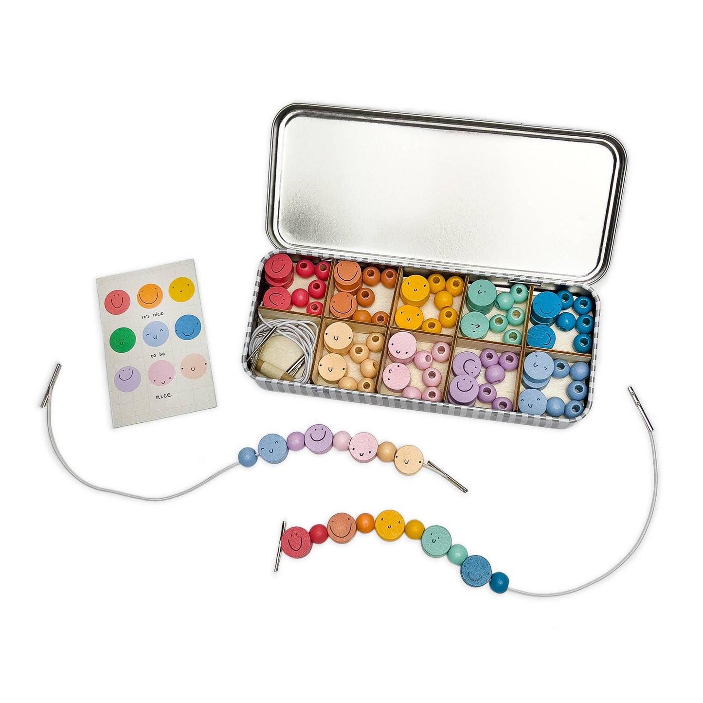 Introducing Cotton Twist's collaborative product: a charming beading set inspired by Abel and the Label's uplifting print, "It's Nice to Be Nice." Crafted with love, this set is more than just a fun activity. We believe that teaching children the value of kindness is essential. Containing enough beads to make 5 beautiful bracelets, a selection of smiley faces and colourful spacer bead await!