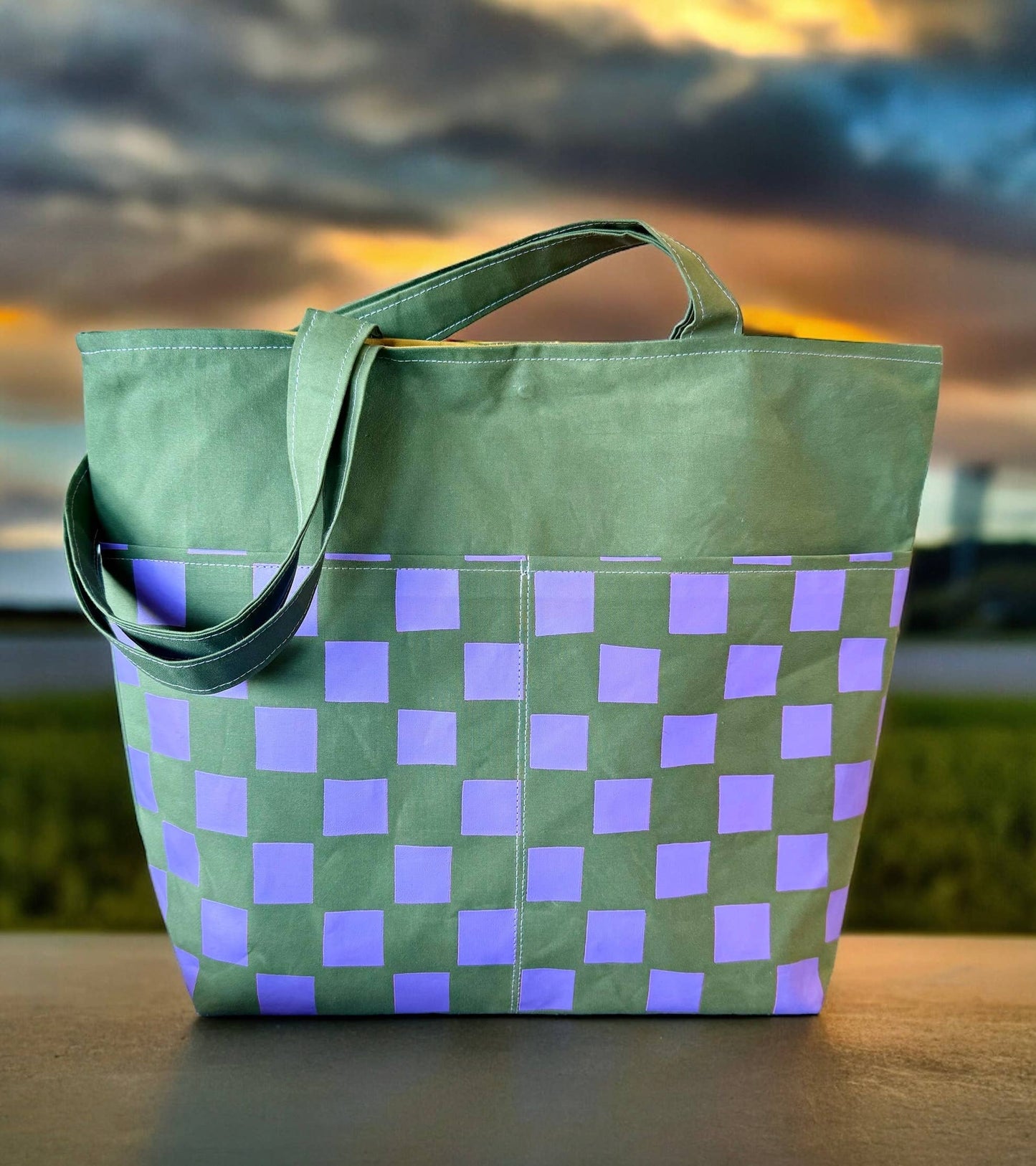 Khaki & Lilac Reversible Tote bag. The outer is khaki &amp; lilac, with a chequered pattern and the reverse is a colour drenched mustard.