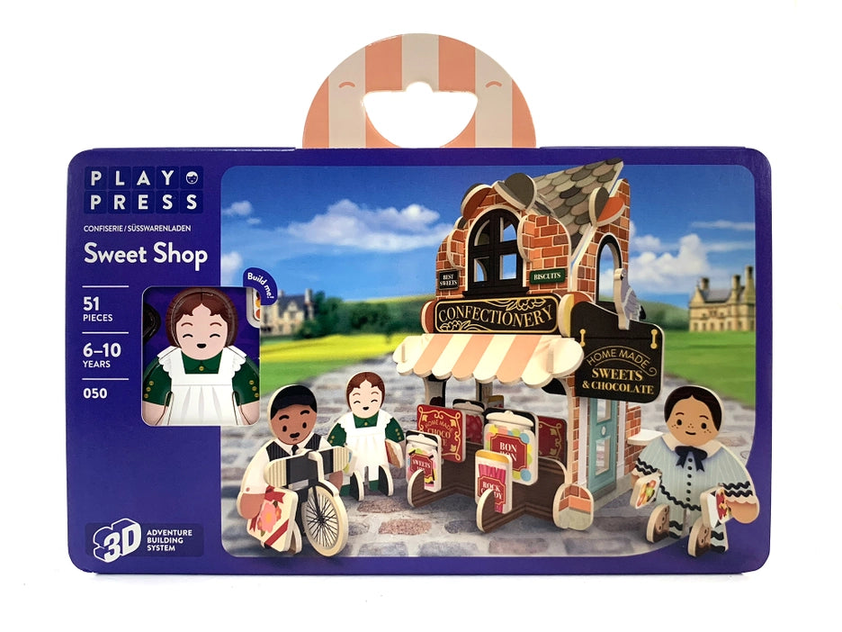 Build and play with this Edwardian inspired Sweet shop. The set contains 3 characters and a whole range of different sweets and chocolates to arrange. Made from our sustainable sourced certified Playboard, this playset is not only environmentally friendly, but also durable and long-lasting.