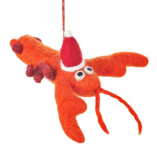 Handmade Felt Festive Lobster Tree Hanging decoration, wearing a red and white Santa hat.