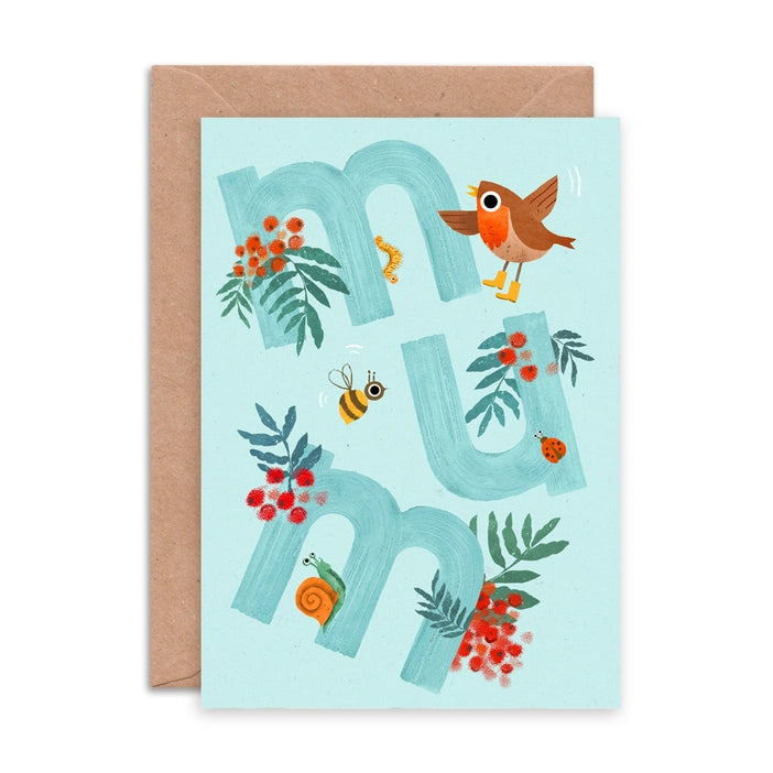 An illustrated greeting card by Emily Nash Illustration - perfect for a nature-loving mum on her special day. Whether it's a birthday or Mother's Day, this card is sure to bring a smile to her face. A blue card with the word Mum horizontally written down the card, with illustrations of a robin, bee and plants with red berries.