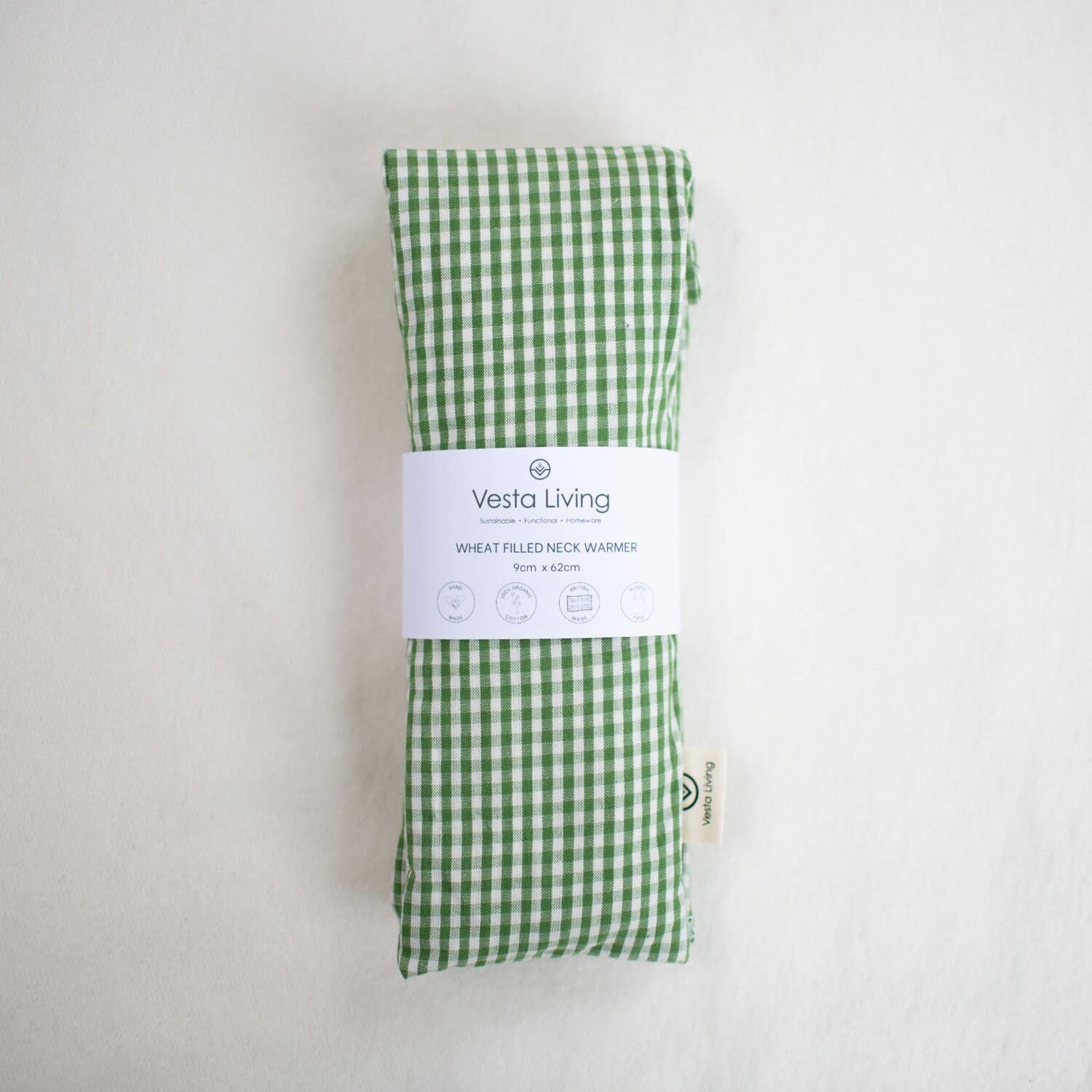 Barley Filled Organic Cotton Neck Warmer Green gingham print.