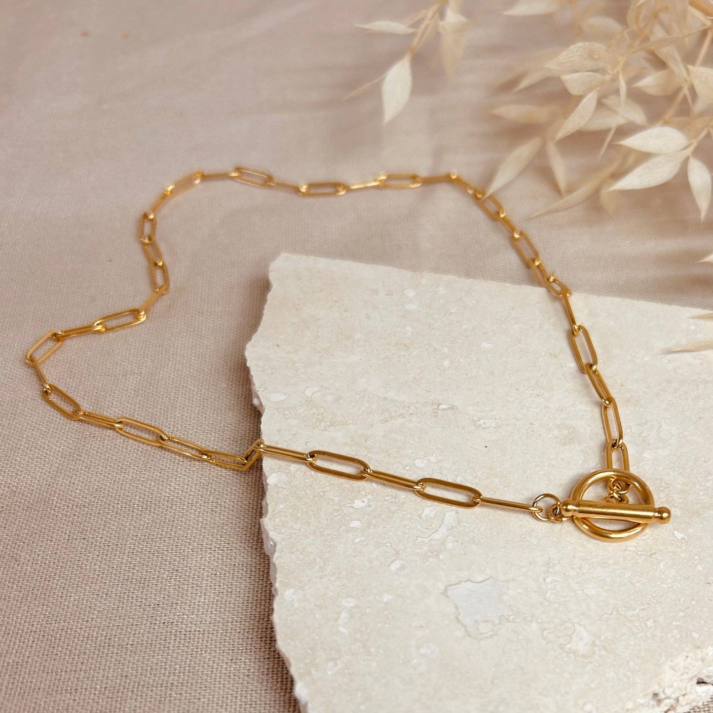 Gold Plated Long Link Bar Clasp Necklace