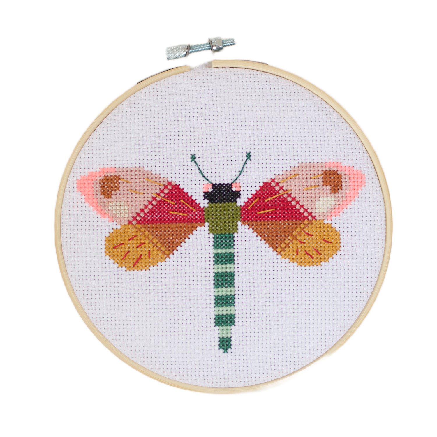 Dragonfly Brie Harrison Cross Stitch Kit. This is a cross stitch craft kit to create a beautiful colourful dragonfly against a white aida.