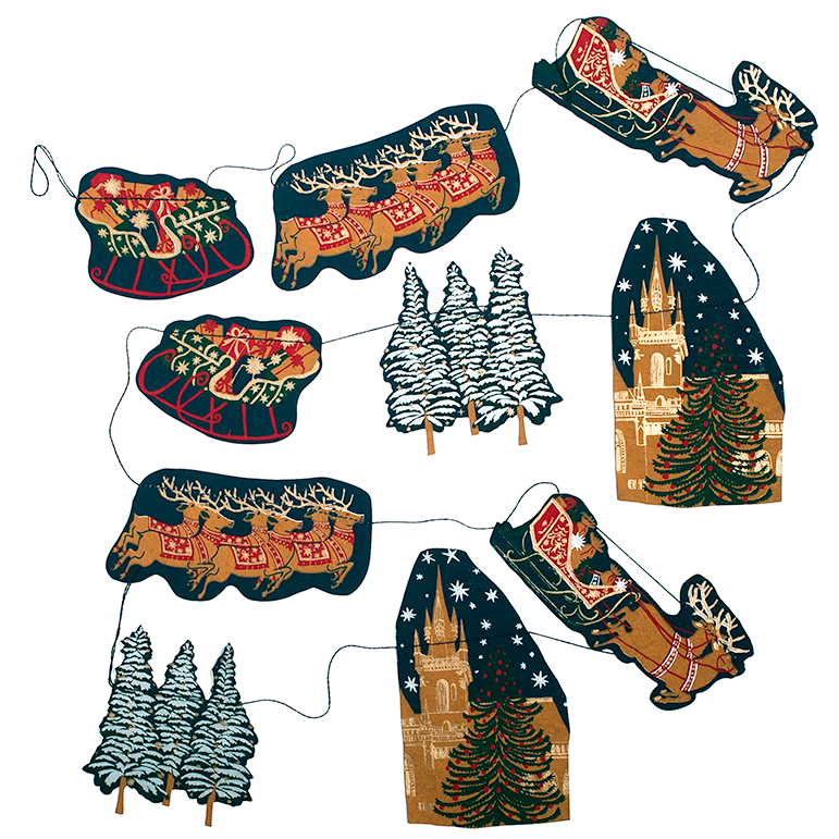 With traditional church steeples, snow tipped fir trees and Santa's sleigh, this garland features ten charming Christmas images of a festive night time skyline.

3 metres long

Includes 10 paper shapes, sewn along strong cotton thread