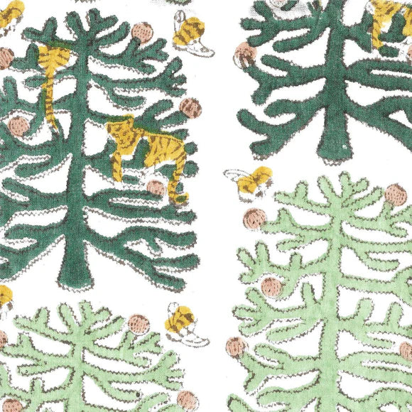 Monkey Puzzle Fabric for the Pouch. Featuring the Monkey Puzzle tree in dark and light green. With tigers sitting in the trees and bees buzzing round.