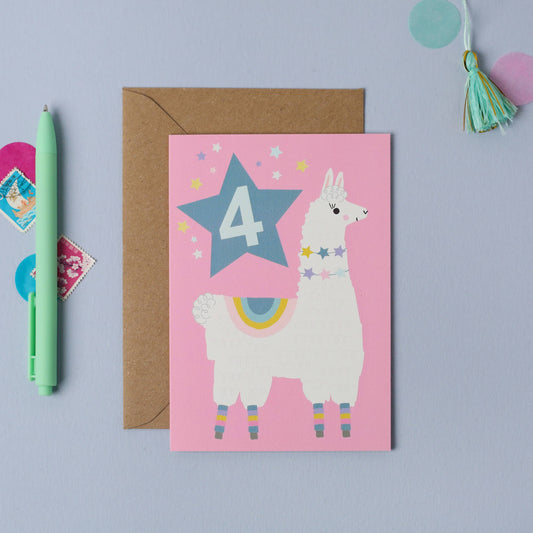 Age 4 Llama Kid's Birthday Card