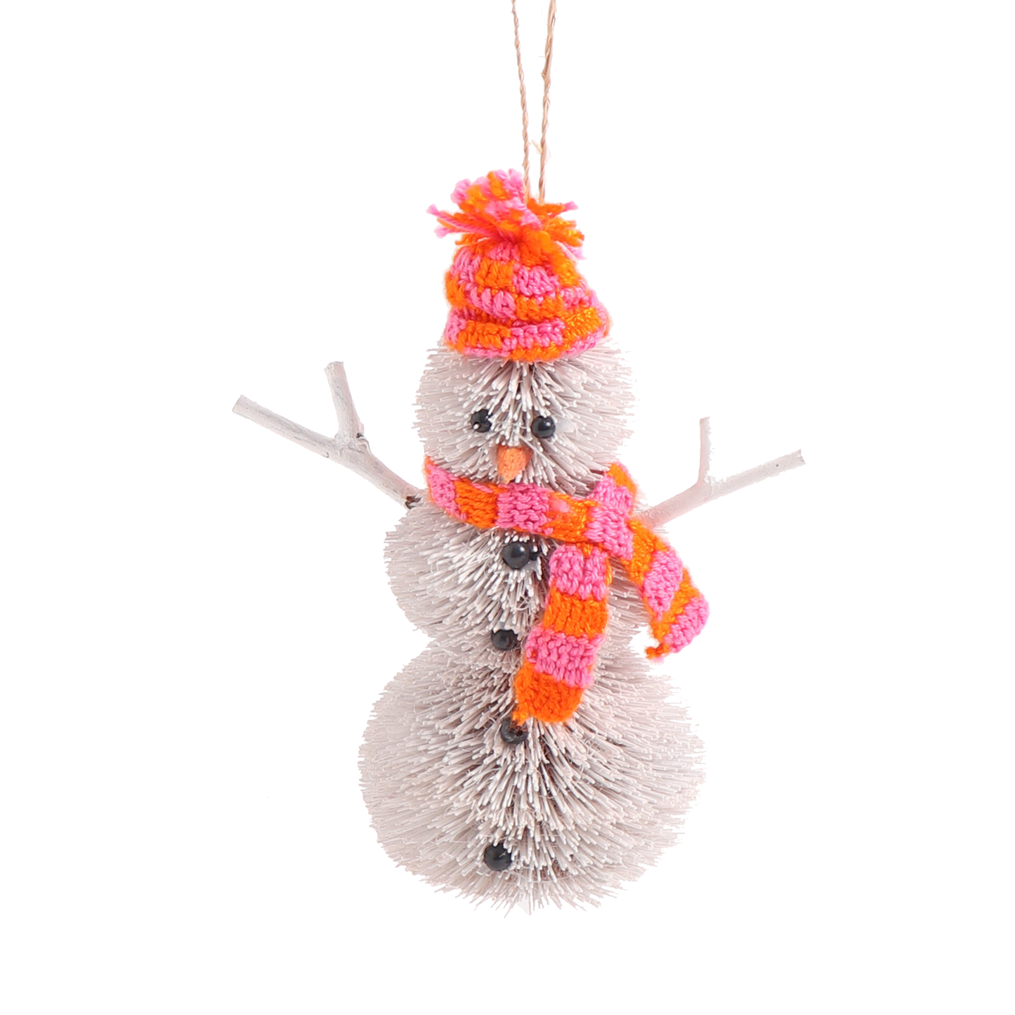 Christmas Bristle Snowman Decoration.  Made from natural Buri fibres. Wearing a knitted orange and pink scarf and matching woolly hat with a pom pom.