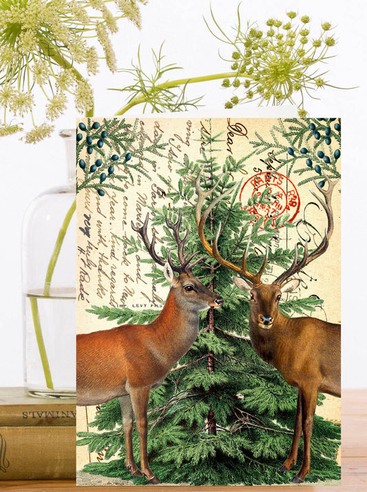 Vintage Page Christmas Deer Christmas Card. Two deers standing in front of a naked Christmas Tree.