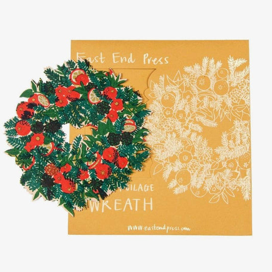 Wooden Foliage Wreath. Made from sustainably sourced birch plywood and printed by hand on both sides. This festive floral print is in a 100% recycled card sleeve. 