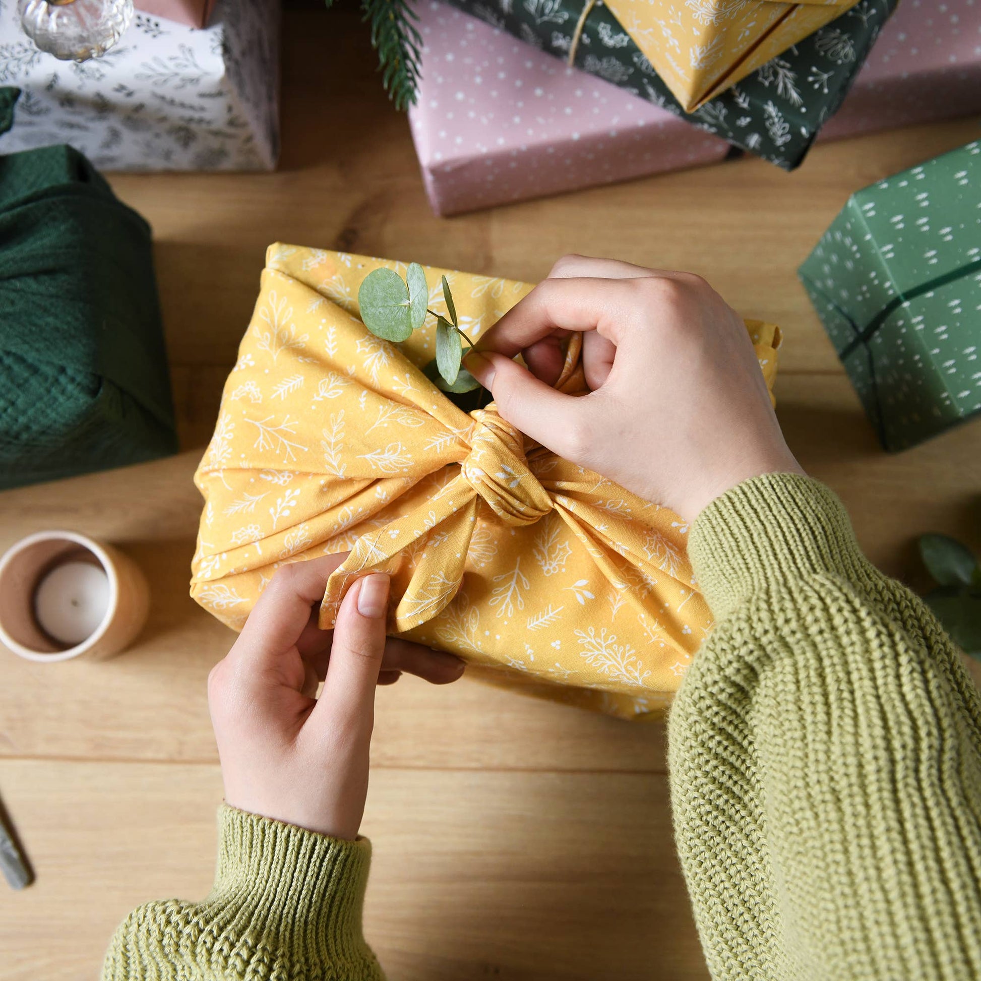 Reusable Yellow Botanical Fabric Gift Wrap