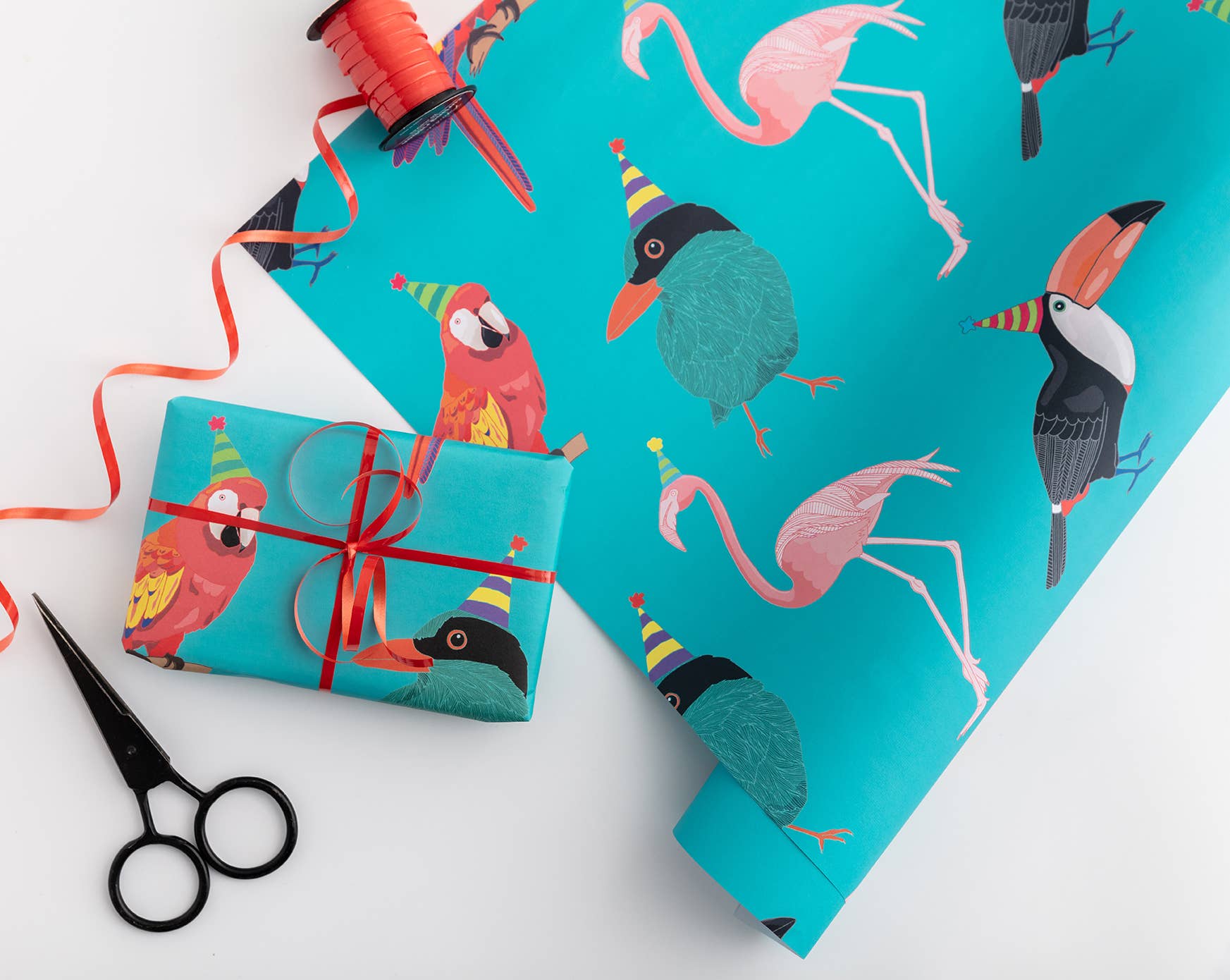 Tropical Birds Gift Wrap – Forget Me Not And Green