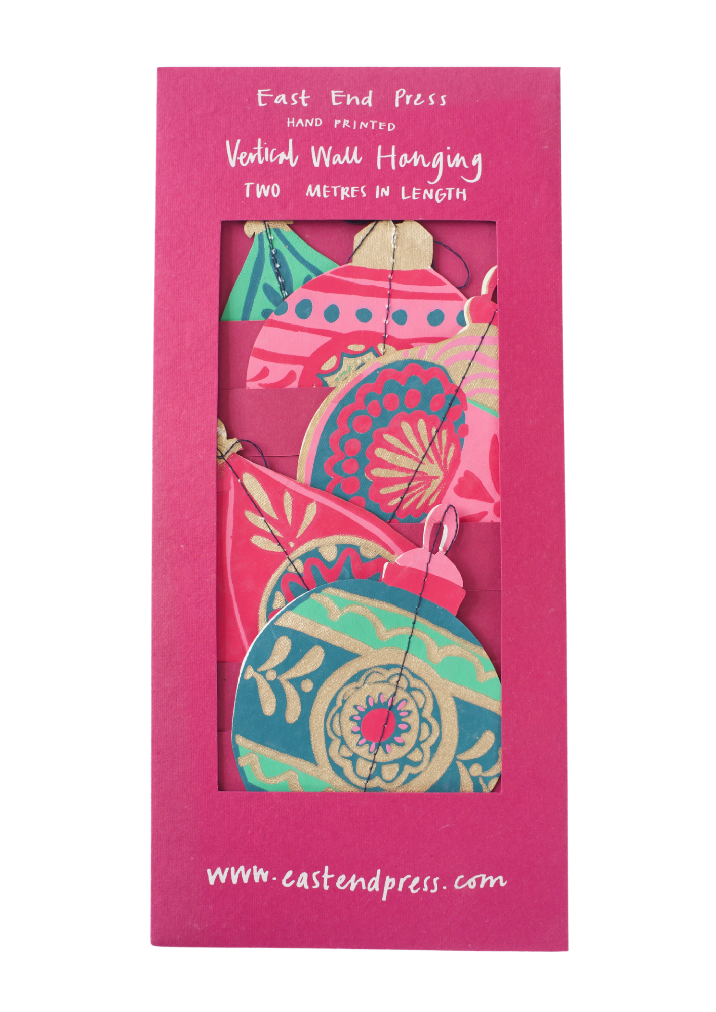 Bauble Vertical Wall Hanging Sustainably Made. The East End Press&nbsp;two-metre-long Bauble Vertical Wall Hanging features screen-printed festive shapes, and is printed double-sided on thick, handmade cotton paper. Pinks and Greens.