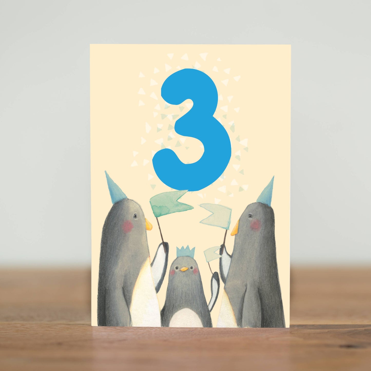 The perfect card for a third birthday! Let's hear it for all the 3 year olds, with this waddling trio of penguins. Sustainably made in the UK